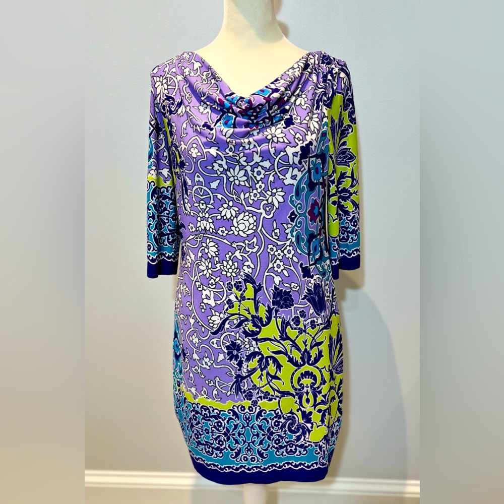 Adrianna Papell Paisley 3/4 Sleeve Cowl Neck Purple Green Shift Dress Size 2P‎